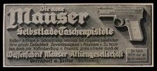 Alte Werbung Reklame 1911 Die neue Mauser Selbstlade-Taschenpistole Pistole