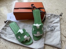 Original Hermes Oran Sandalen grün Leder 40,5 Full Set Top Zustand w. Neu