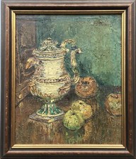 Ölgemälde Stillleben mit Porzellandkanne und Obst Art-Deco 1932 B.S.W. Monogramm