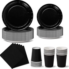 Partygeschirr Set Schwarz 96 Stück Pappteller Becher Servietten Geburtstagsfeier