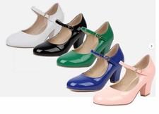 Damen Mary Jane High Heels Pumps mit Blockabsatz  Rockabilly Lack Schuhe  Neu