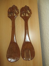 Deko Holz Salat Besteck Set, Groß Gabel, Löffel, Wanddeko, Elefant Muster