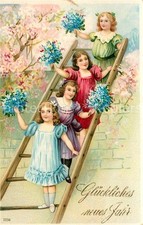 Neujahr Maedchen Blumen Leiter Litho