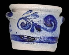 Vintage Deutsches Salzglasur-Keramik Krug – Handbemaltes Blau & Grau