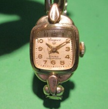 Wagner vergoldete Damenuhr, Handaufzug, 17 Rubis, Fixoflex Armband, 50er Jahre