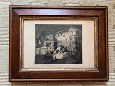 Antike Bleistift Radierung Bäckerei Handwerk „Alte Backstube“ Gerahmt Signiert