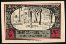 Notgeld Schneidemühl, 50 Pf, Stadtsparkasse mit Erinnerungskreuz und Stadtwappe 
