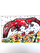 A.R. PENCK - Farbige Druckgraphik "Prinzip über Konflikte fliegen 1992" !!
