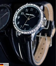 Alain Miller Damen Frauen Armband Uhr Schwarz Silber Farben Damenuhr Crystal 05