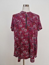 Tunika Bluse Shirt Damen Arbeit Karriere Oberteile Magenta Blumen XL kurz Arm