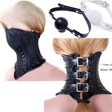PU Leder Abschließbar Halskorsett Kragen Fesseln Bondage Collar Mundknebel BDSM