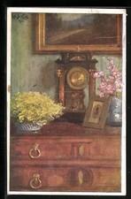 Künstler-AK sign. Robert Rob. Scheffer: Stilleben mit Uhr und Blumen 1928 