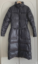 add Gun Metal grau glänzend Gänsedaunen langer warmer Wintermantel mit Gürtel Größe Small