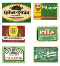 6xDDR-Bieretiketten Rau-Oberlind, K.-Marx-St.,Coschütz,Luisenthal,Meissen,Dessau