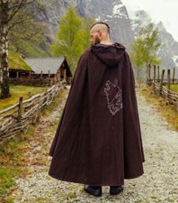 Wikinger Mittelalter Umhang Kapuze Fenris schwarz braun Wolle Reenactment  LARP