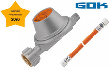 GOK Gasregler Druckregler 50 mbar 1,5 Kg/h (2026) mit Schlauch Gasschlauch 8 mm