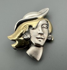 Brosche 925 Silber vergoldet Damenkopf – Art Deco Stil, Zirkonia