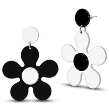 Ohrhänger in Schwarz-Weiß Retro Blumen Design XXL Statement Ohrringe Kunststoff