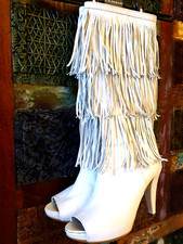 Echt Leder Gr 36 Weiss Fransen Zehfrei Sommer Indian Absatz Stiefel Party sS111