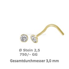 Gold 750 Nasenpiercing, Nasenstecker Kelch Spirale 3,0 mm mit weißem Zirkonia 