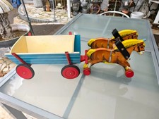 DDR Holz Spielzeug Großes Pferdewagen Gespann