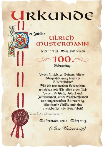 Urkunde 100 geburtstag - urkunde, a4