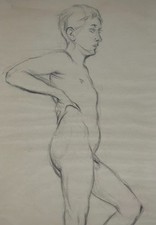 Monogrammierte Original Bleistiftzeichnung Künstler unbekannt- Knabenakt um 1910