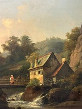 ANTIKES ÖLGEMÄLDE HAUS AM WASSERFALL MIT PERSON LANDSCHAFT