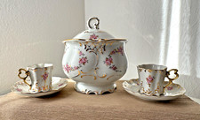 Antikes Set: Porzellandose mit Deckel und 2 Mokkatassen von MZ - handgefertigt