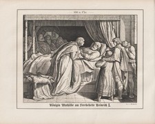 Königin Mathilde am Sterbebett Heinrich I. 936 n. Chr.  HOLZSTICH von 1862
