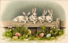 Litho Weiße Hasen, Ostereier, Ostern, Zaun - 4363937