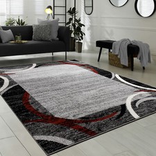 Wohnzimmer Teppich Bordüre Kurzflor Meliert Modern Hochwertig Grau Schwarz Rot