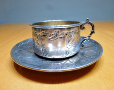 Französische Antike tasse mit Untertasse versilbert Ø 8 cm