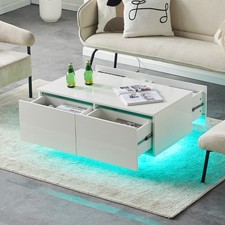 Hochglanz Couchtisch Weiß LED mit 4 Schubladen 16 Farben Verstellbar Modern