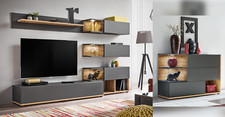 Anbauwand Wohnwand Schrankwand SILK Wotan Anthrazit Led Beleuchtung Push - Click