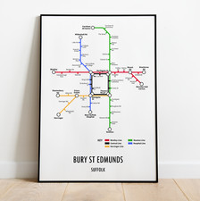 Bury St Edmunds Suffolk unterirdischer Stil Transport Kunst Karte Druck A3 A4