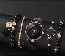 5pcs/set Damen-Uhr Eiffelturm Quarzuhr Luxus Gold Edelstahl Armbanduhr & Schmuck