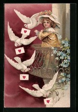 Präge-AK Mädchen läßt weiße Brieftauben fliegen 