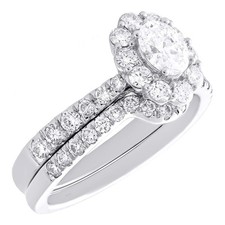 14K Weißgold Künstlicher Oval Diamant Blume Halo Konturiert Braut Set 1.25 Karat