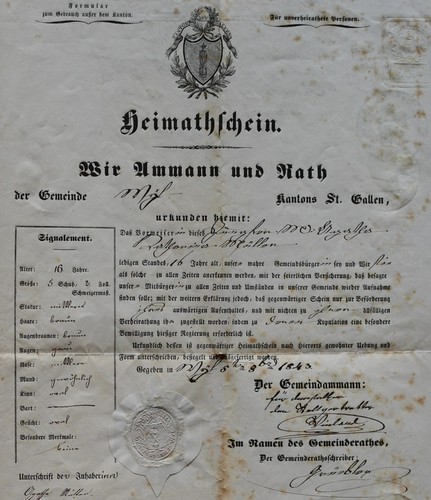 Heimatschein schweiz 1843 - heimatschein,