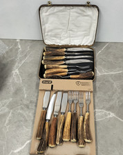 Hirschgeweih Horn Steakmesser & Gabeln 16 Teile 8 Gedecke Vintage Elkington & Co