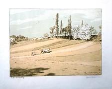 ÄCKER im Frühling Pflügender Bauer Farb-Lithografie Hans Richard v.VOLKMANN sign