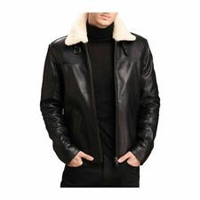 Herren Echt Lammfell Leder Flieger Kragen Fell Shearling Bomber Schwarz Jacke
