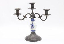Vintage 3-armiger Kerzenhalter Kerzenständer aus Zinn & Keramik Delfter Motiv