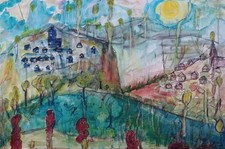 Abstraktes Acrylbild  auf Keilrahmen,2 Dörfer,1Teich,Pflanzen u kleine Figuren