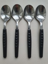 4 kleine Mökkalöffel Elstawa DDR Besteck Plastik Griff schwarz Punkte