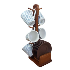 Kaffeetassen-Set Steingut Espressotassen Untertassen Ständer 6 Pers Blau Braun