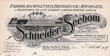 Schneider & Seebom Hamburg histor. Rechnung 1909 Bier Zapfanlage Armaturen Druck