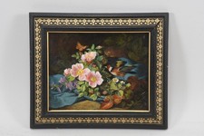 N92S18- Gemälde Stillleben mit Blumen Vogel u Schmetterling undeutlich signiert