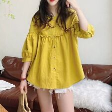 Damen Rüschen Shirt 3/4 Arm Oberteile Knopf Bluse Babydoll Oberteil süß